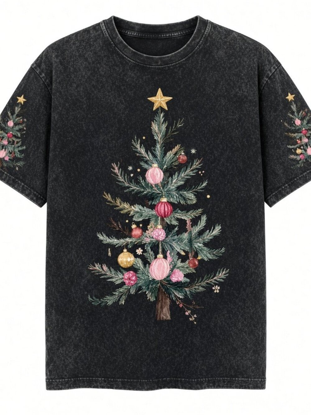 Pink Gold Christmas Tree Acid Wash Black Graphic Tee